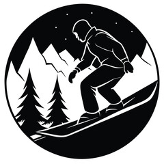 Snowboarder Silhouette in Mountain Landscape: Vector Illustration of Winter Sport at Night with Pine Trees and Stars