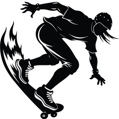 Silhouette Skateboarder Vector: Extreme Skateboarding, Action Sports Graphic, Black and White Illustration, Skater Dude, Urban Art