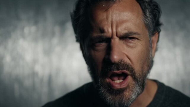 Close-up video of a man with a patchy beard and rugged features expressing fervent passion, soft diffused light