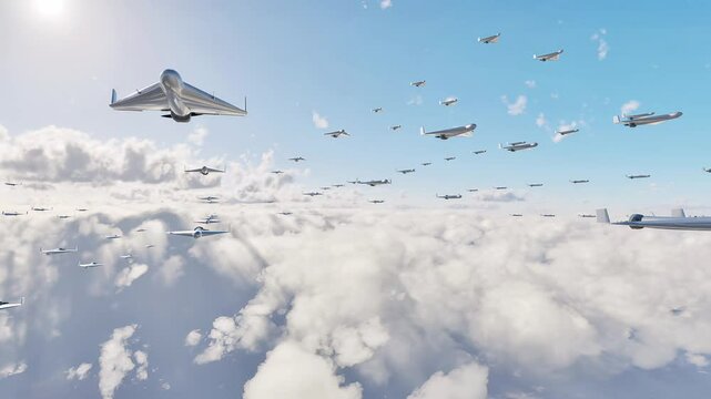 A swarm of fixed-wing unmanned combat aerial vehicles (UCAVs) flying at high altitude toward their designated targets.