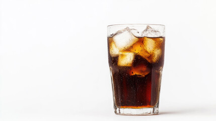 Refreshing cold drink with ice in a clear glass on white background