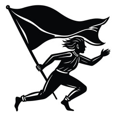 Silhouette of a Woman Running with a Flag - Black and White Vector Illustration of Protest, Leadership, and Determination