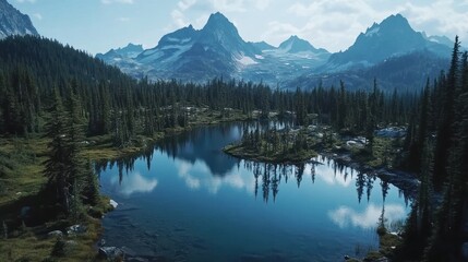 Fototapeta premium Tranquil mountain lake surrounded by evergreen forest reflecting the sky
