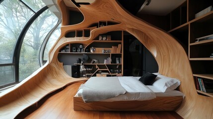 Immersive wooden interior: Modern bedroom design featuring innovative curved architecture