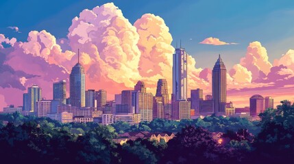 Obraz premium Atlanta Cityscape Georgia Poster Illustration Travel Print Decor Gift Paper Canvas Wall Retro Art
