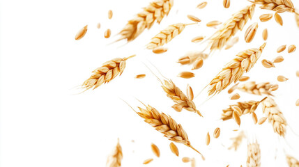 Wheat grains and stalks falling gracefully on white background