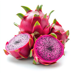 Fresh dragon fruit cut in half showcasing vibrant pink flesh on white background