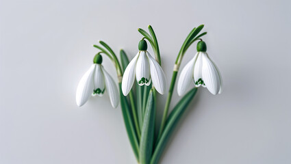 Fototapeta premium Three Elegant Snowdrop Flowers With Green Leaves On Light Background
