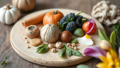 Fresh spring ingredients for gourmet cooking, craft clay. White tone