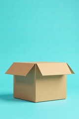 Simple flat design of a cardboard box on light blue backdrop for branding concept, minimalist, wrapping