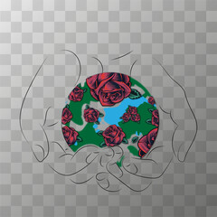 Hands Holding Earth Covered in Red Roses