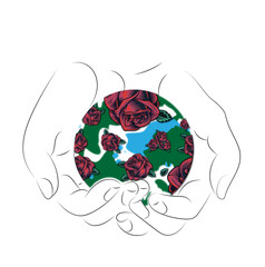 Hands Holding Earth Covered in Red Roses