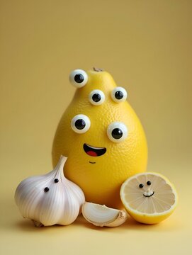 Naklejki Lemon and garlic with Googly eyes and funny faces. Health foods concept.