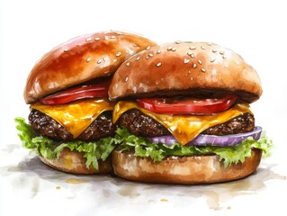 The watercolor illustration of a gourmet cheeseburger is set in a warm and inviting cozy diner atmosphere