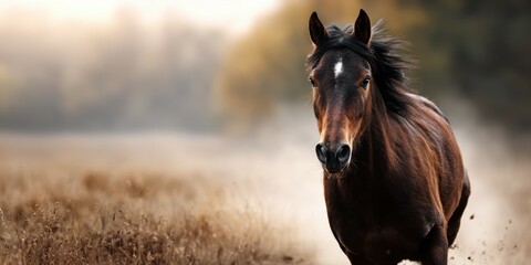 Galloping horse swiftly navigating through golden grassland during sunset in a serene countryside