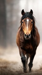 Obraz premium Majestic brown horse gallops through misty forest landscape at dawn