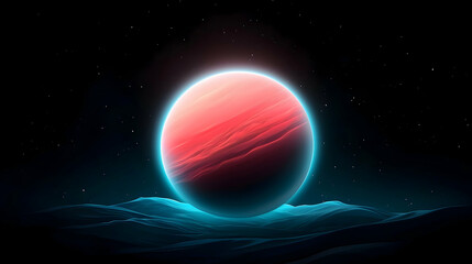 Glowing Red Planet in Dark Space with Blue Horizon