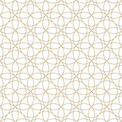 Intricate floral-inspired pattern with overlapping circle lines forming stylized blossoms in a subtle gold tone on a white backdrop.