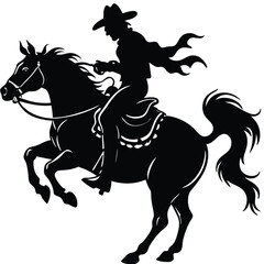 Cowboy Riding Horse Silhouette Vector Illustration: Western Rodeo Rider, Bucking Bronco, Black and White Graphic Art Image
