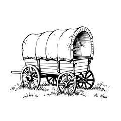 Vintage covered wagon illustration on grassy background  