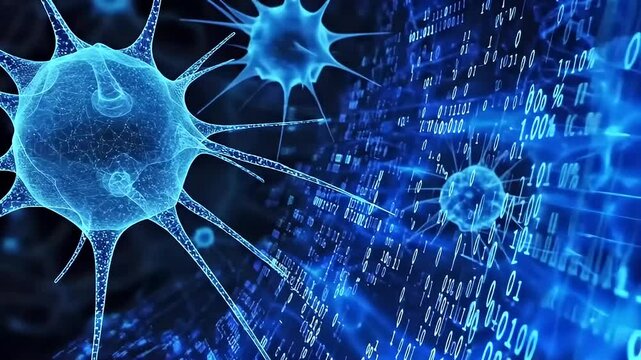 Abstract Digital Illustration Of Blue Viruses Against Binary Code Background Representing Modern Technology And Medical Science