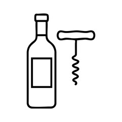 Minimal black and white line illustration of a wine bottle with corkscrew, ideal for menus, bar logos, or drink-related designs.