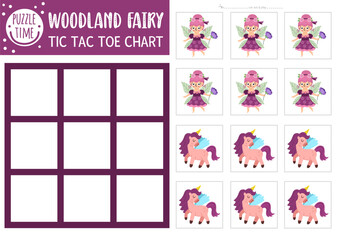 Vector fairyland tic tac toe chart with cute fairy and unicorn. Woodland princess board game playing field with fantasy character. Funny printable worksheet. Magic forest noughts and crosses grid