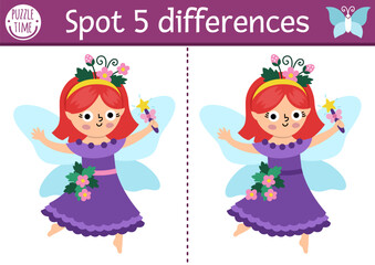 Find differences game for children. Fairyland educational activity with cute berry fairy. Magic forest puzzle for kids. Fairytale printable worksheet, page for logic, attention with fantasy girl