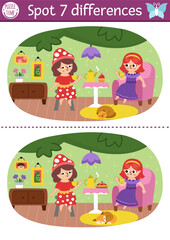 Fototapeta premium Find differences game for children. Fairyland educational activity. Landscape with fairies drinking tea in cozy room in tree house. Magic forest puzzle for kids. Fairytale printable worksheet