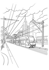 Black and white coloring book illustration of a cute cartoon Train on track in town  Simple outlines with clear shapes