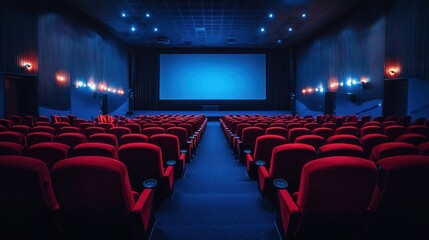 Empty Cinema Theater: Red Seats and Blue Screen