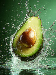 Fresh avocado splashing in water with droplets on a green background
