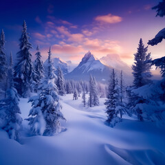 Obraz premium Dreamy Snowy Mountain Forest at Sunset – Magical Alpine Winter Wonderland