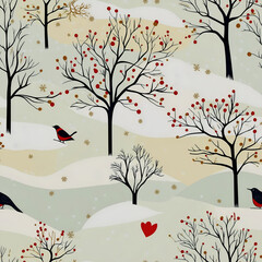 Whimsical Winter Landscape Seamless Pattern – Snowy Trees, Red Berries, and Birds in Soft Pastels
