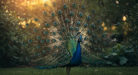 Obraz premium Peacock Displaying Feathers in Garden