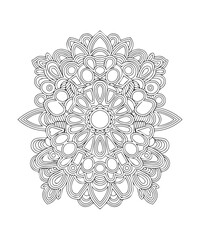 Flower mandala coloring page for kids and adults, black line art vector illustration on white background