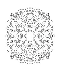 Flower mandala coloring page for kids and adults, black line art vector illustration on white background