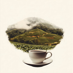 Steaming Coffee Cup with Embedded Landscape – Symbol of Sustainability, Tranquility, and Nature’s Brew