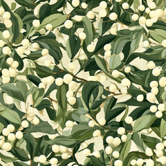 Seamless Mistletoe Pattern – Classic Winter Leaves and White Berries Holiday Design