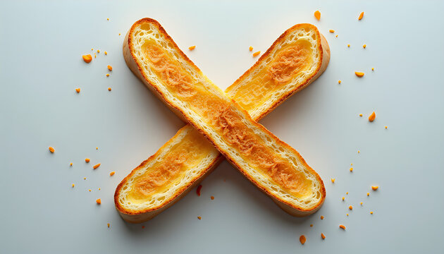 A cross made out of two pieces of bread on a gray surface.