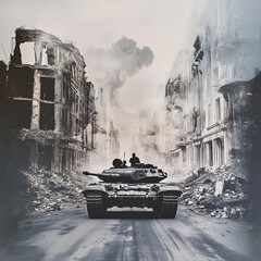 Tank in Ruined City Street – Symbol of War, Destruction, and Urban Conflict