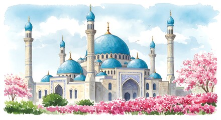 Watercolor Mosque with Blue Domes and Blossoming Cherry Trees.