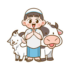 Happy Little Boy Praying with Goat & Cow Welcoming Blessed Eid