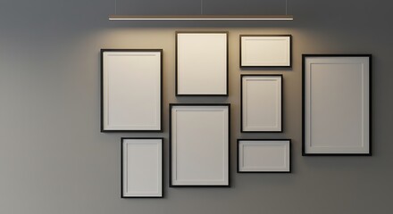 Blank picture frames on grey wall with glowing lamp, mock up