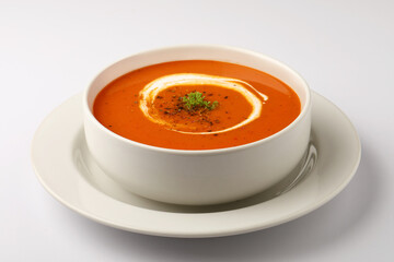 bowl of tomato soup with parsley on white background
