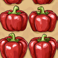 Seamless Pattern of Red Bell Peppers on Beige Background
