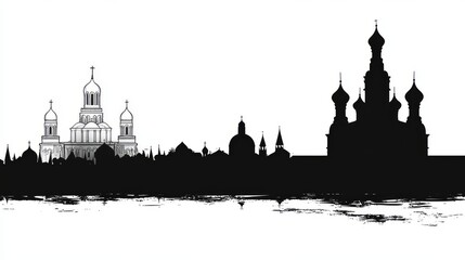 Urban digital art presents a minimalist black silhouette of a small town's skyline during dusk