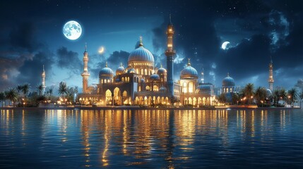 Grand illuminated mosque stands majestically over calm reflective waters