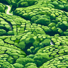 Seamless Pattern of Tea Plantation with Mosaic Crop Fields and Lush Greenery
