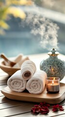 Obraz premium Relaxing spa setting with towels and candle.